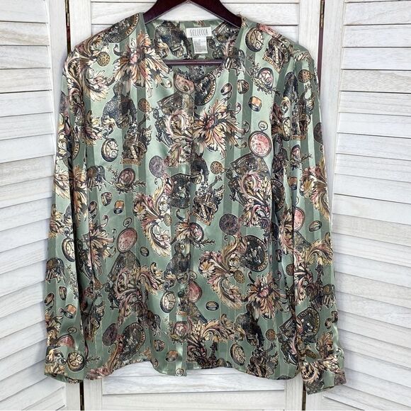 Sellecca Vintage Satin Printed Button Front Blouse Sage Green 10 - Picture 7 of 12